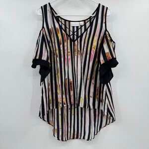 Bisou Bisou Top Women Small Black White Stripes Cold Shoulder V-Neck Lightweight
